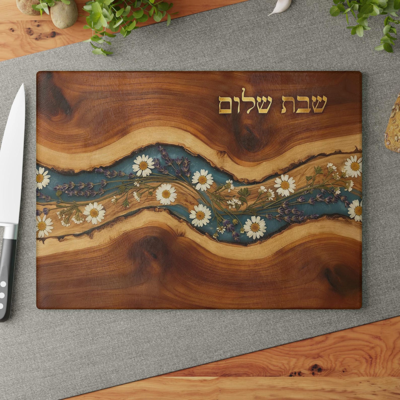 Personalized Challah Board, Customized Glass Challah Tray, Jewish Wedding Gift, Pressed Flower Resin Pour Print on Glass, Couple Gift