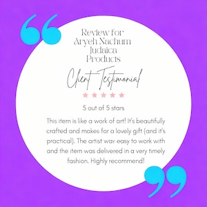 The image is a review for a jewelry product from Ar Yeh Nachum Judica Products. The review is 5 stars, indicating that the item is well-crafted and makes for a lovely gift, and the artist was easy to work with and the item was delivered in a timely fashion. The review is highly recommended.