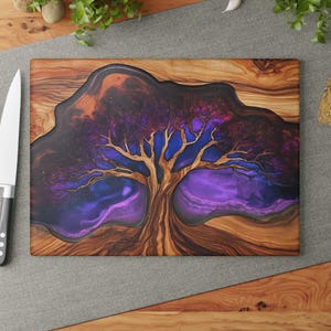 Tree of Life Glass Charcuterie Board, Cutting Board, Wedding Gift, Resin Epoxy Wood Look Print on Glass, Charcutier Board, Couple Gift, Art