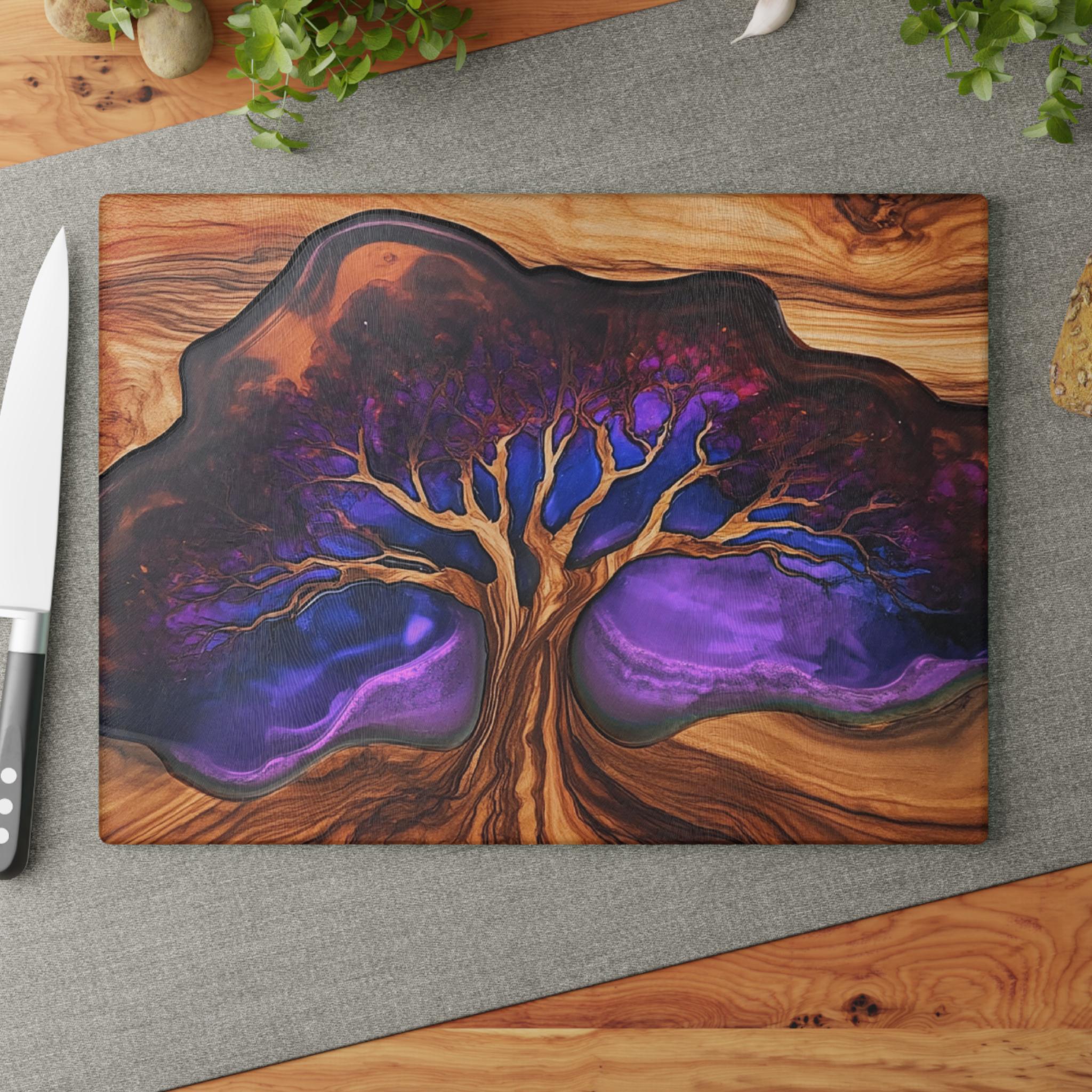 Tree of Life Glass Charcuterie Board, Cutting Board, Wedding Gift, Resin Epoxy Wood Look Print on Glass, Charcutier Board, Couple Gift, Art