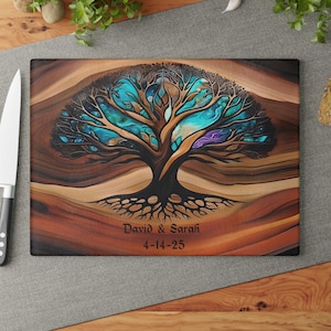 Custom Tree of Life Glass Charcuterie Board, Personalized Cutting Board, Custom Wedding Gift, Resin Print on Glass, Art, With Purple Splash