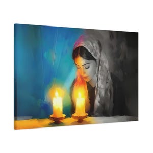 Jewish Painting, Jewish Modern Art, Jewish Candle Lighting Art, Canvas Print, Jewish Painting , Large 40&quot; x 30&quot;, Sleek Judaica Art Painting