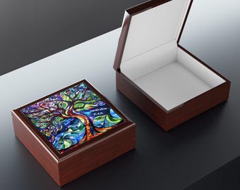 Custom Bat Mitzvah Gift Jewelry Wood Box, Personalized Bat Mitzvah Jewelry Box Tree of Life, Folk Art Print on Ceramic Lid, Premium Wood Box
