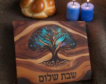 Tablero moderno para jalá con aspecto de resina, bandeja de vidrio para jalá, plato para jalá, regalo de boda judío, arte del árbol de la vida, impresión de resina con efecto madera sobre vidrio