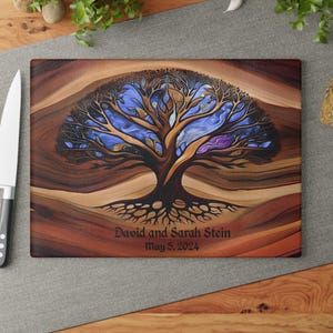 Personalized Charcuterie Board – Tree of Life Glass Cutting Board | Unique Wedding Gift with Wood Look Art | Perfect for Couples