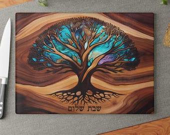 Modern Challah Board Resin Look, Glass Challah Tray, Challah Plate, Jewish Wedding Gift, Tree of Life, Epoxy Wood Effect Print on Glass, Art
