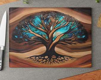Tree of Life Glass Charcuterie Board, Cutting Board Gift, Wedding Gift, Couple Gift, Resin Epoxy Wood Look Print on Glass, Original Art