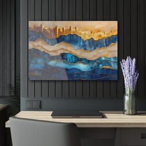 Jewish Painting, Jewish Abstract Art, Jerusalem Skyline, Israel Acrylic, Glass-Like, 36 × 24, Fine Art, Gold Alcohol Ink Print On Acrylic