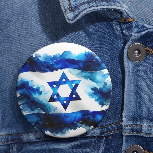 Israeli Flag Pin, Jewish Support Israel Pin - Artistic Metal Pin Button in 3 Sizes, Safety Pin Backing, Alcohol Ink Flat Print, Original Art