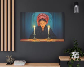 Judaica Inspired Oil Painting, Shabbat Candle Lighting, Wall Decor, Art Nouveau Inspired, 48x32 In Jewish Home Decor Canvas Print Jewish Art