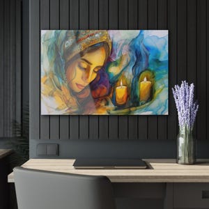Jewish Art Painting, Jewish Abstract Art, Candle Lighting Acrylic, Inspired Art, Glass-Like, 36 × 24, Jewish Fine Art, Alcohol Ink Print