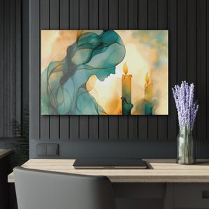 Jewish Modern Art Painting, Jewish Candle Lighting, Alcohol Ink Print on Acrylic Glass, 36 × 24, Jewish Abstract Art, Like Embedded in Glass