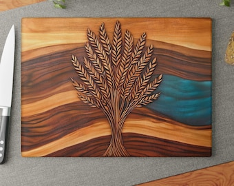 Charcuterie Board, Glass Cutting Board, Wedding Gift, Couple Gift, Stunning Wood and Resin Epoxy Print on Glass, Rustic Original Art