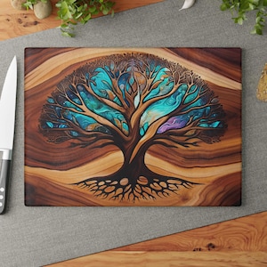 Tree of Life Glass Charcuterie Board, Cutting Board, Wedding Gift, Beautiful Resin Epoxy Wood Look Print on Glass, Art Charcutier Board Gift