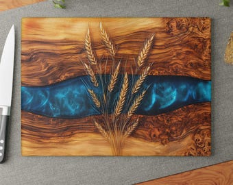 Charcuterie Board, Glass Cutting Board, Wedding Gift, Couple Gift, Wood Look and Resin Epoxy Print on Glass, Original Art, Charcutier Board