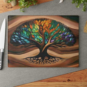Tree of Life Glass Charcuterie Board, Cutting Board, Wedding Gift, Beautiful Resin Epoxy Wood Look Inspired Print on Glass, Art Couple Gift