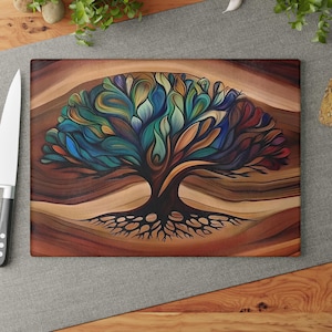 Tree of Life Glass Charcuterie Board, Personalized Cutting Board, Wedding Gift, Fluid Resin Epoxy Wood Look Print on Glass, Art