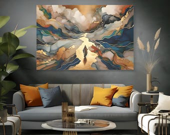 Extra Large Jewish Art Painting, Alcohol Ink Gold Leaf Inspired Art Print, Moshe Parting Red Sea, 60 x 40 Inches, Canvas Print Wood Backing