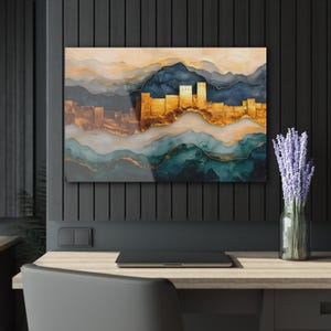 Jewish Painting, Jewish Abstract Art, Jerusalem Skyline, Israel Acrylic, Glass-Like, 36 × 24, Fine Art, Alcohol Ink Print Acrylic, Mystical