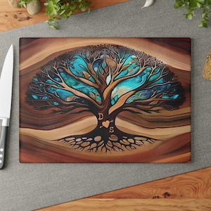 Personalized Tree of Life Glass Charcuterie Board, Custom Wedding Gift, Resin Epoxy Wood Look Print on Glass, Couple Gifts, Anniversary Gift
