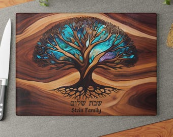 Tablero de jalá moderno personalizado, bandeja de jalá de vidrio personalizada, regalo de boda judío, árbol de la vida, impresión de resina con efecto madera sobre vidrio