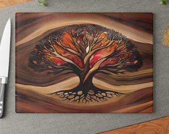 Charcuterie Board, Tree of Life Glass Wedding Gift, Resin - Epoxy- Wood Look Print on Glass, Colorful Art Cutting Board, Newlywed Gift, Art
