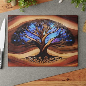 Tree of Life Glass Charcuterie Board, Cutting Board, Wedding Gift, Beautiful Resin Epoxy Wood Look Inspired Print on Glass, Couple Gift