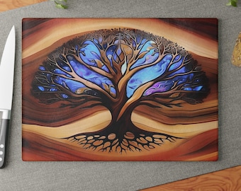 Tree of Life Glass Charcuterie Board, Cutting Board, Wedding Gift, Beautiful Resin Epoxy Wood Look Inspired Print on Glass, Couple Gift