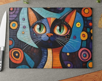 Tabla de embutidos de cristal para amantes de los gatos, tabla de cortar de regalo para amantes de los gatos, estampado hippie bohemio en cristal, regalo para parejas, regalo inspirado en el arte popular, regalo para amigos