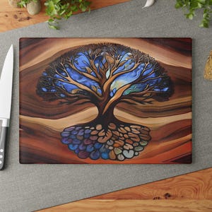 Tree of Life Glass Charcuterie Board, Artistic Cutting Board, Wedding Gift, Beautiful Resin Epoxy Wood Look Print on Glass, Roots, Art Gift