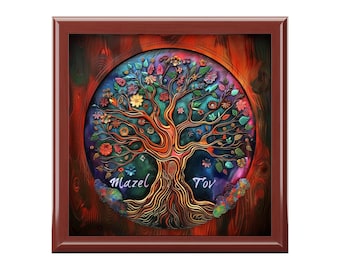 Bat Mitzvah Gift Jewelry Wood Box, Bat Mitzvah Gift, Jewish Gift, Painted Print on Ceramic Lid, Original Art. Jewelry Box, Tree of Life Art