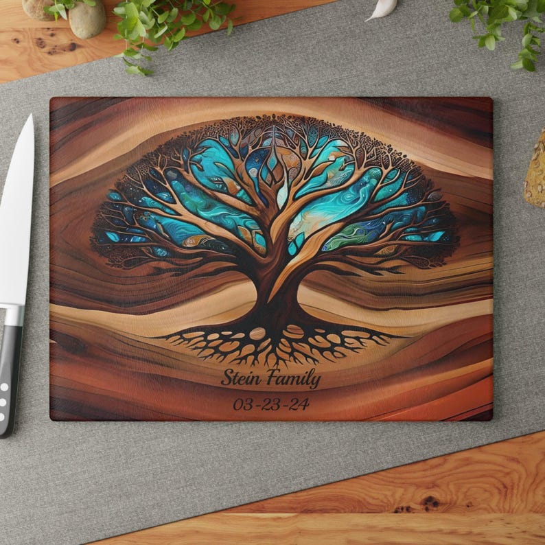 Personalized Charcuterie Board, Tree of Life Glass, Custom Wedding Gift, Resin - Epoxy- Wood Look Print on Glass, Couple Gifts Cutting Board image 1