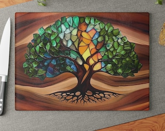 Baum des Lebens Charcuterie Brett, Glas Schneidebrett, Glasmalerei inspirierter Druck auf Glas, Hochzeitsgeschenk, Paar Geschenk, grünes Verlobungsgeschenk