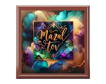 Bat Mitzvah Gift, Jewish Jewelry Box, Jewish Gifts for Women, Bat Mitzvah Gift for Girl, Alcohol Ink Print, Mazal Tov, Memory Box, Wood Box