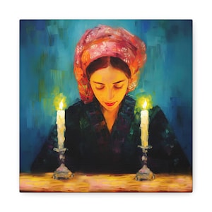 Judaica Oil Inspired Painting on Print on Canvas, Shabbat Candle Lighting, Sabbath Candle Lighting, Jewish Wall Decor, 24 x 24 Inches