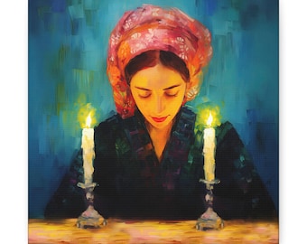 Judaica Oil Inspired Painting on Print on Canvas, Shabbat Candle Lighting, Sabbath Candle Lighting, Jewish Wall Decor, 24 x 24 Inches