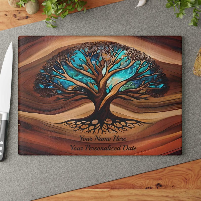 Personalized Charcuterie Board, Tree of Life Glass, Custom Wedding Gift, Resin - Epoxy- Wood Look Print on Glass, Couple Gifts Cutting Board image 2