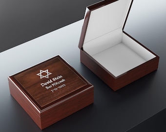 Bar Mitzvah Gift Box, Personalized Bar Mitzvah Gift, Custom Bar Mitzvah Jewish Star of David, Keepsake Box, Red Mahogany Wood Ceramic Top