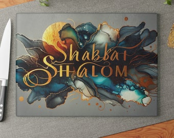 Challah Board, Modern Challah Plate, Hebrew, Shabbat Shalom, Jewish Gifts, Glass Challah Board, Judaica Gifts, Alcohol Ink Print on Glass