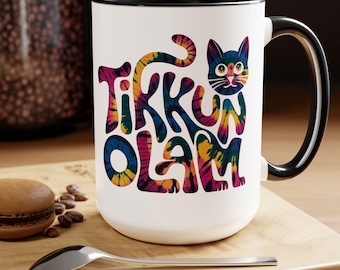 Joodse mok cadeaus voor vrouwen, kattenliefhebber mok, 15oz tweekleurige koffiemok, Joodse koffiemok, Joodse moeder cadeau, Joodse bohomok, Tikkun Olam