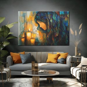 Large Jewish Art, Jewish Abstract Modern Painting, Shabbat Candle Lighting, Alcohol Ink Stained Glass Inspired Judaica Canvas Print 60 x 40