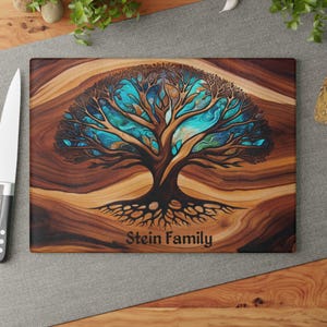 Custom Tree of Life Glass Charcuterie Board, Personalized Cutting Board, Wedding Gift, Beautiful Resin Epoxy Wood Look Print on Glass, Art