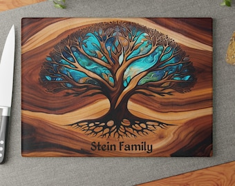 Custom Tree of Life Glass Charcuterie Board, Personalized Cutting Board, Wedding Gift, Beautiful Resin Epoxy Wood Look Print on Glass, Art