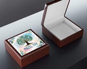 Bat Mitzvah Gift Jewelry Wood Box, Custom Bat Mitzvah Gift, Jewish Gift, Bat Mitzvah Jewelry Box, Tree of Life, Digital Paint Original Art