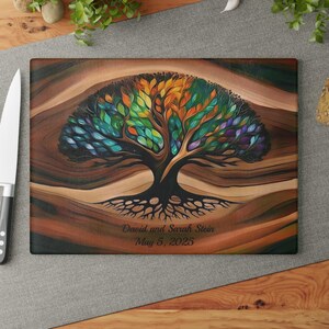 Personalized Tree of Life Glass Charcuterie Board, Custom Cutting Board, Wedding Gift, Art Resin Epoxy Wood Look Inspired Print on Glass