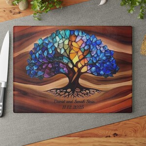 Personalized Tree of Life Charcuterie Board, Custom Glass Cutting Board,  Wedding Gift, Stained Glass-Inspired Engraved Look Print on Glass