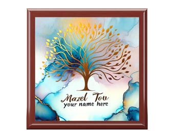 Custom Bat Mitzvah Gift Jewelry Wood Box, Custom Bat Mitzvah Gift, Golden Tree of Life, Bat Mitzvah Personalized Jewelry Box, Real Wood, Art