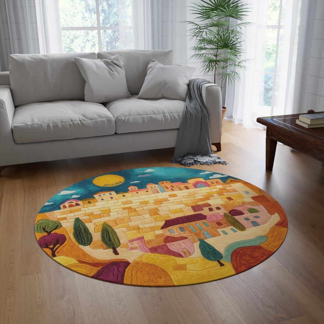 Round Israeli Rugs Jewish Rug, Jewish Village Round Rug, Large, Original Art Non-fuzzy Rug ...