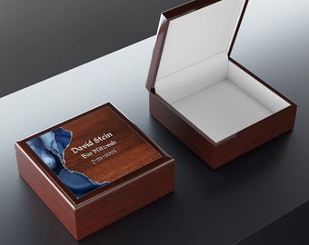 Custom Bat Mitzvah Gift Jewelry Box, Personalized Bat Mitzvah Personalized Keepsake Box, Bar Mitzvah, Red Mahogany Wood, Ceramic Top