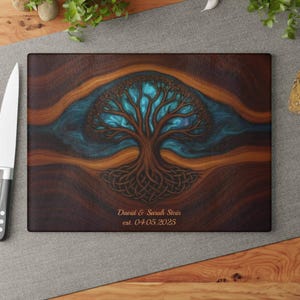 Customized Tree of Life Glass Charcuterie Board, Personalized Cutting Board, Wedding Gift, Beautiful Resin Epoxy Wood Look Print on Glass